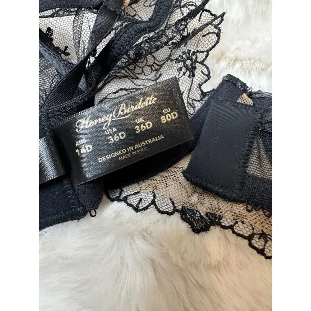 Honey Birdette EMMA🖤 Black Floral Lace 3 Piece Set 36D, L, M Thong